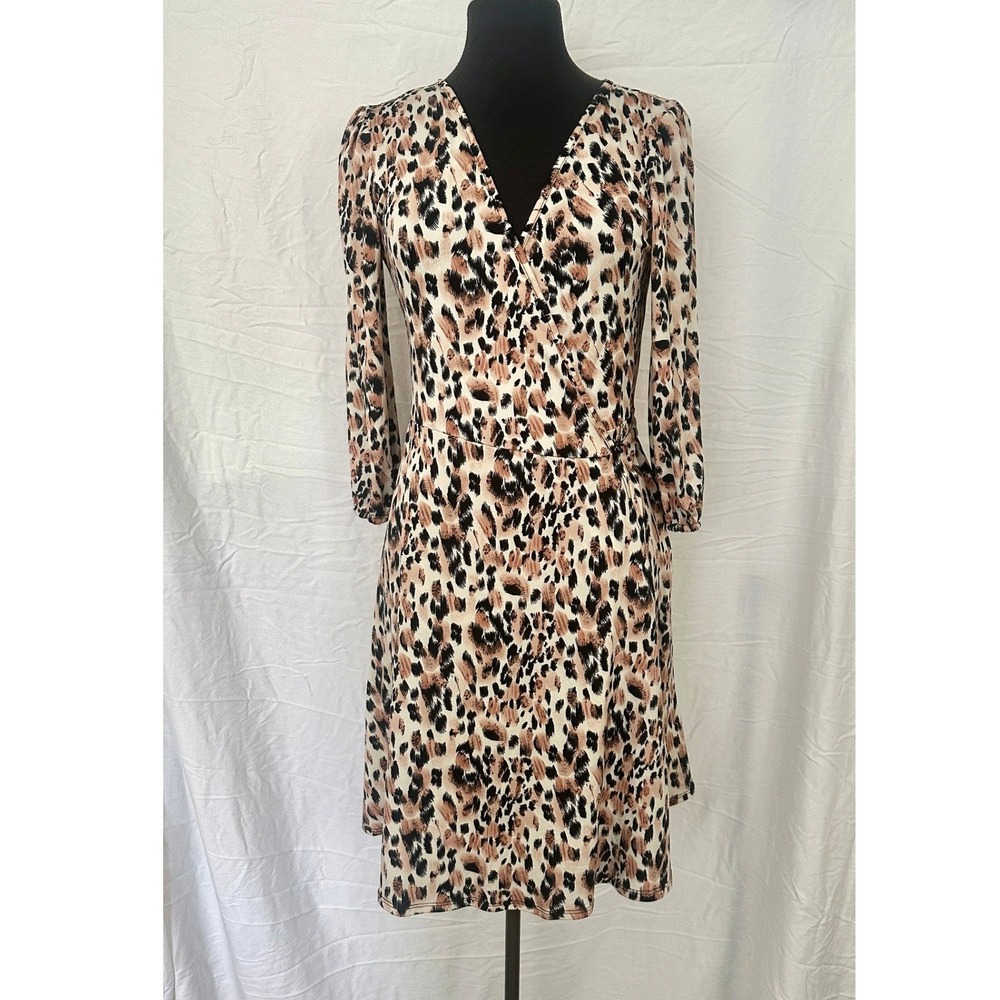 Ninexis Dress Large Wrap Mini Tan Black Jersey Leopard Animal Print 3/4 Sleeve